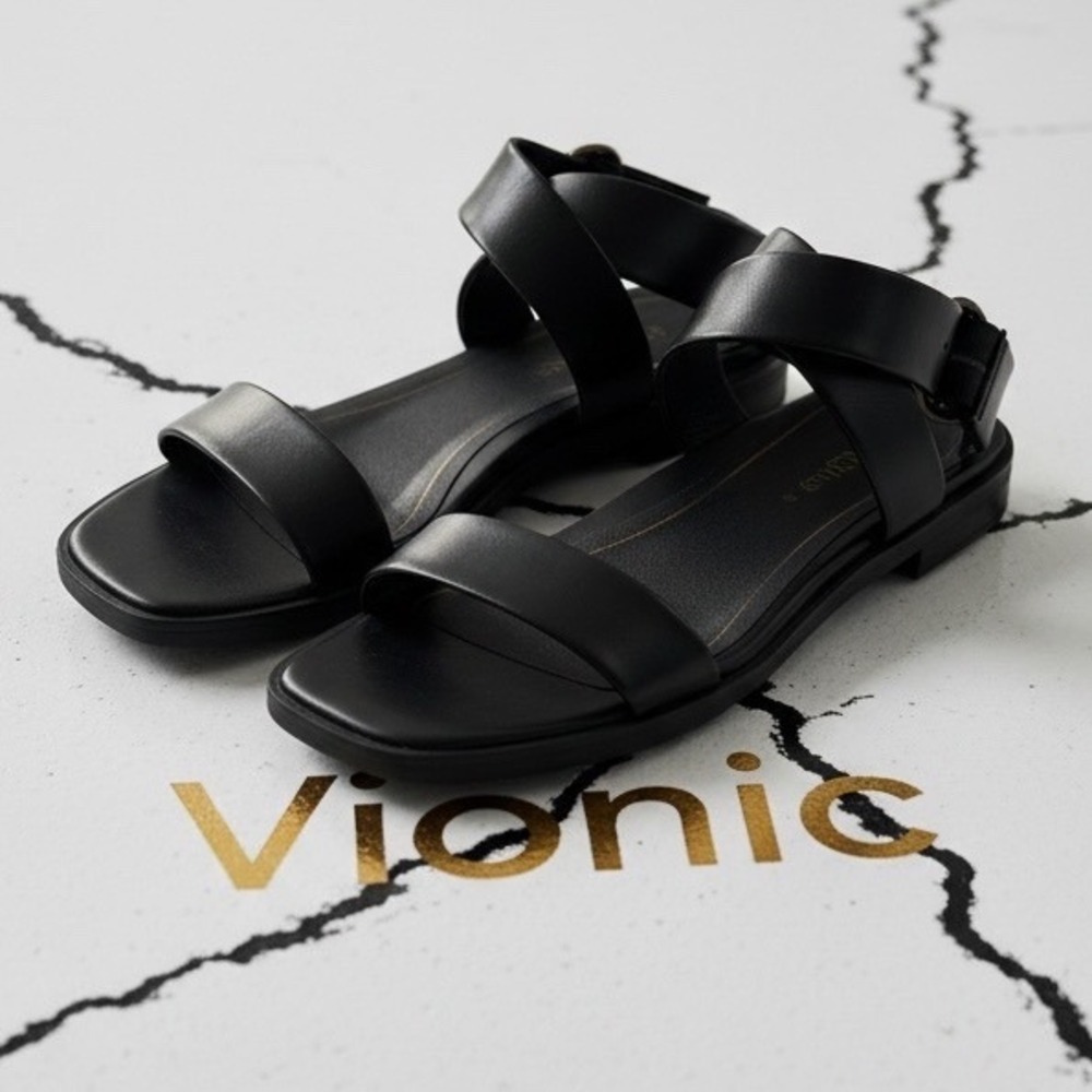 Vionic Anaya Black Leather Ankle Strap Square Toe Flat Sandals Womens 8